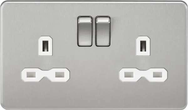 Screwless 13A 2G DP switched socket – brushed chrome with white insert (Brushed Chrome White)
