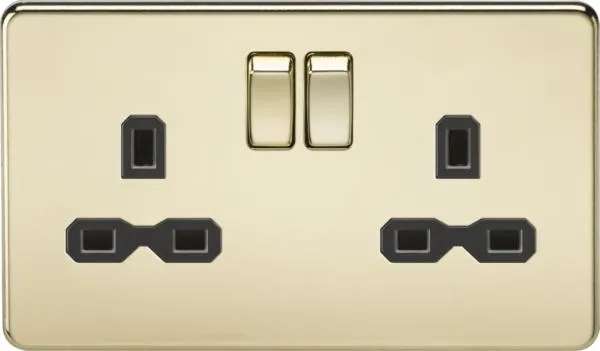 2 Gang socket – polished brass with black insert (Polished Black Brass)