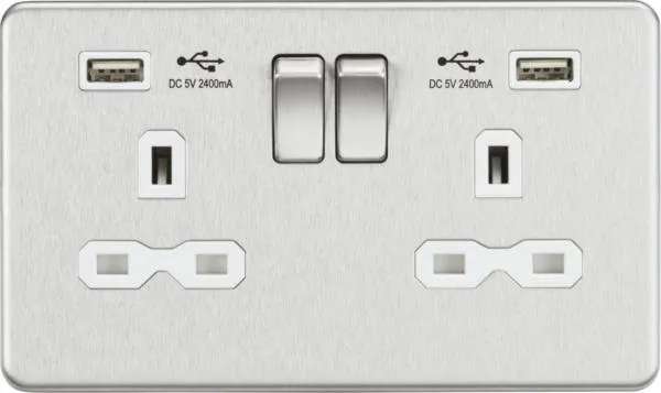 2 Gang socket with USB charger Brushed chrome with white insert (Brushed Chrome White)