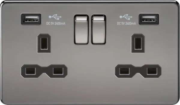 2 Gang socket with USB Black nickel (Nickel Black)