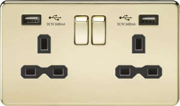 2 Gang with USB Polished brass with black insert (Polished Black Brass)