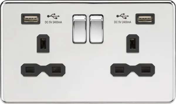 2 Gang socket with USB Polished chrome with black insert (Polished Chrome Black)