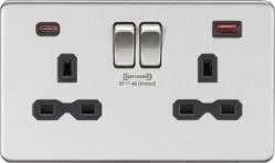 2 Gang Socket USB Brushed Chrome with black insert SFR9909BC (Brushed Chrome Black)